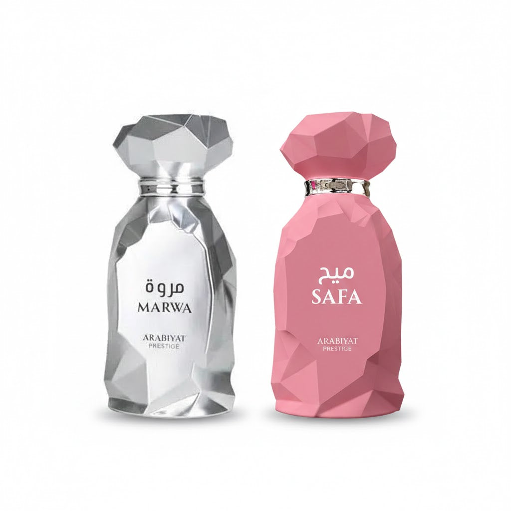 Arabiyat Prestige Marwa and Safa Bundle – two full-size luxury perfumes for a balanced his and hers fragrance set.