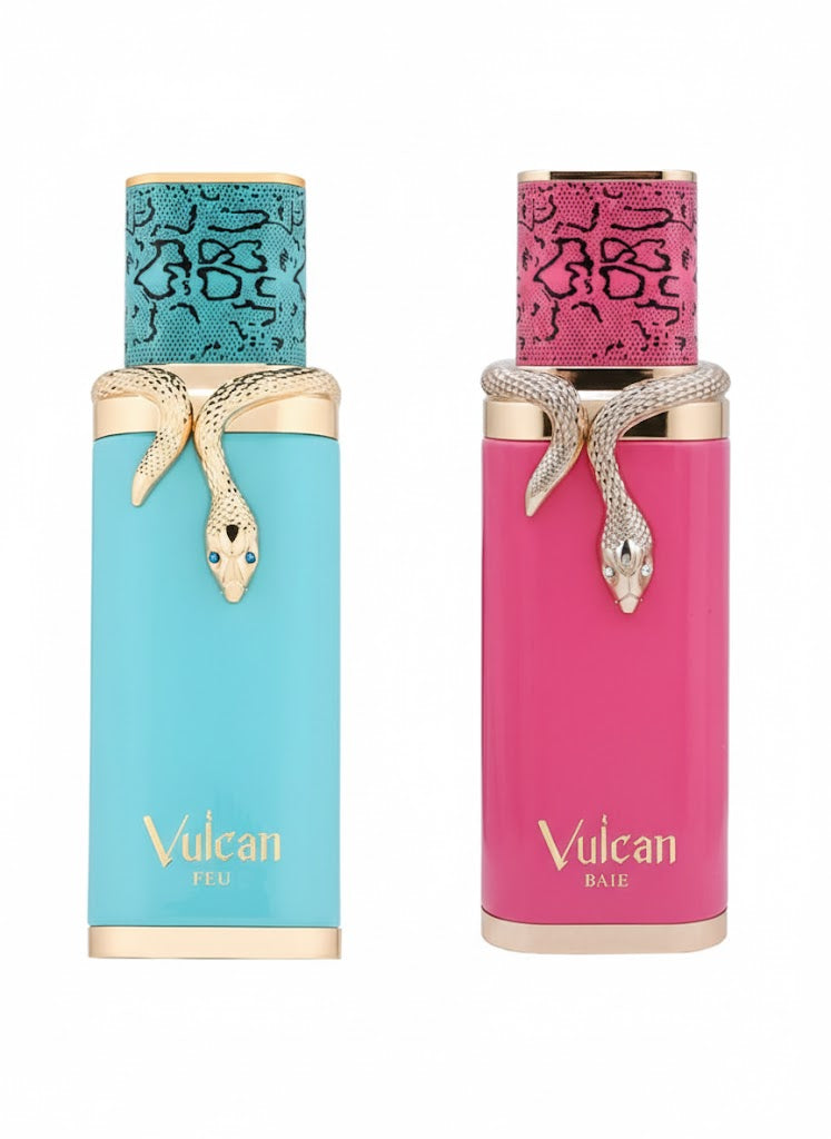 French Avenue Vulcan Feu and Baie Bundle – two full-size perfumes combining smoky woods and fruity floral musk for a refined couples fragrance set.