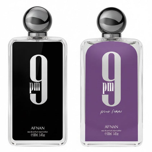 Afnan 9PM His & Hers Bundle – two full-size perfumes featuring 9PM and 9PM Pour Femme for a sweet nighttime couples fragrance set.