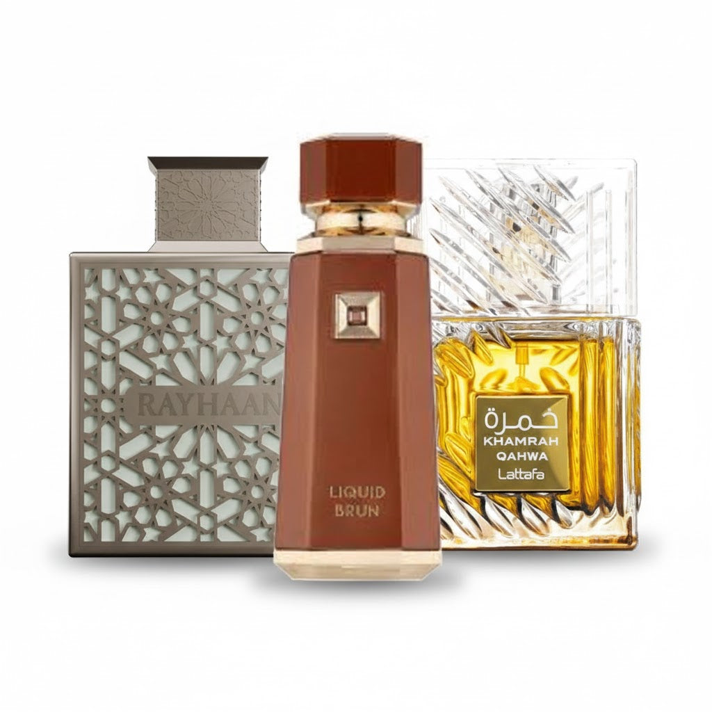 Amber Vanilla Fragrance Bundle – three full-size perfumes featuring Khamrah Qahwa, Liquid Brun, and Terra for warm amber-vanilla luxury with a coffee twist.