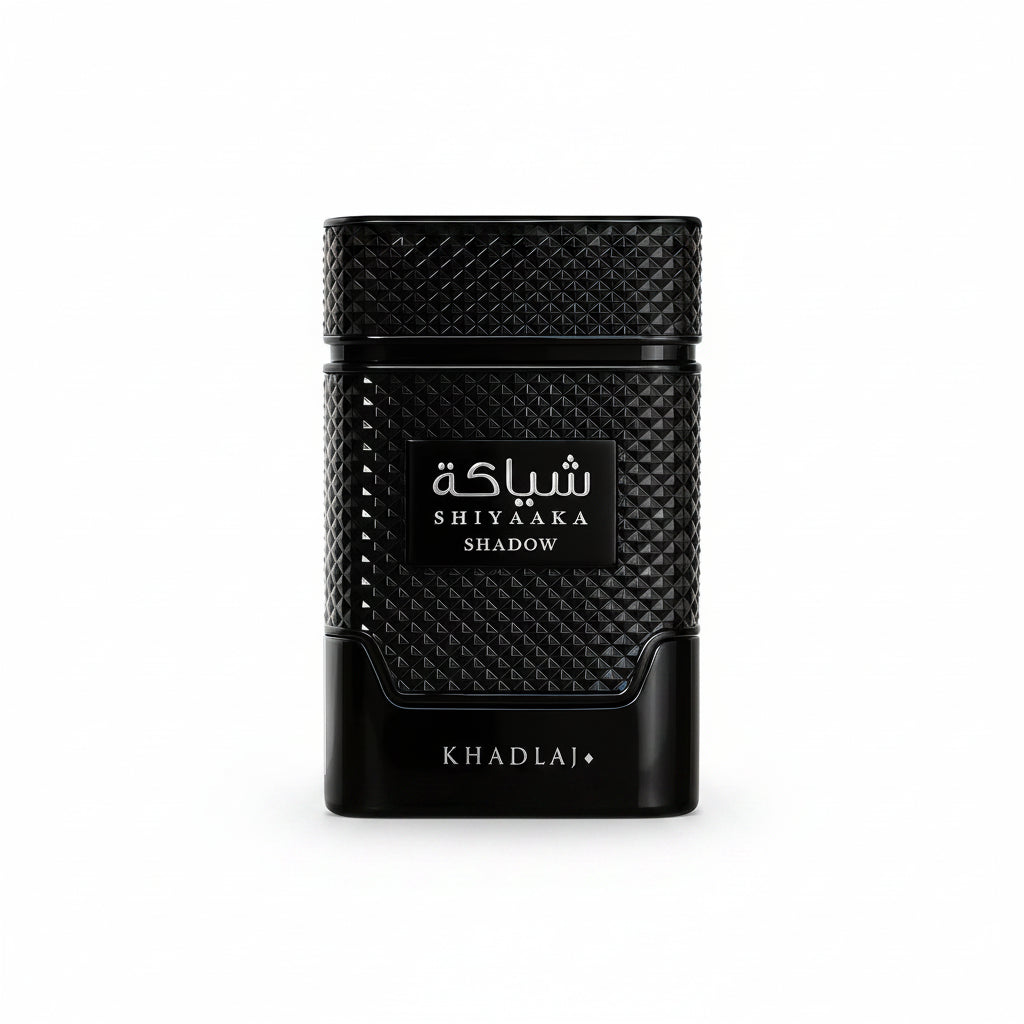 Khadlaj Shiyaaka Shadow 100 ml (3.4 oz) bottle – citrus aromatic opening over spicy woods and amber musk woody base.