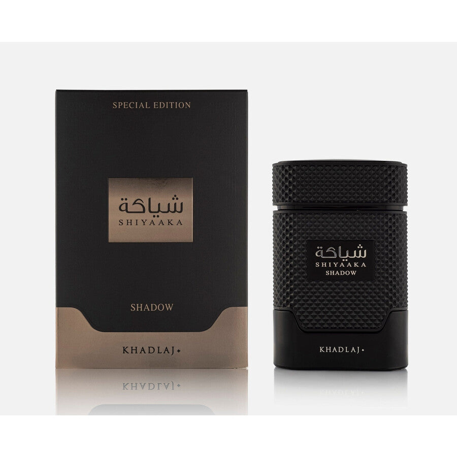 Khadlaj Shiyaaka Shadow 100 ml (3.4 oz) bottle – citrus aromatic opening over spicy woods and amber musk woody base.