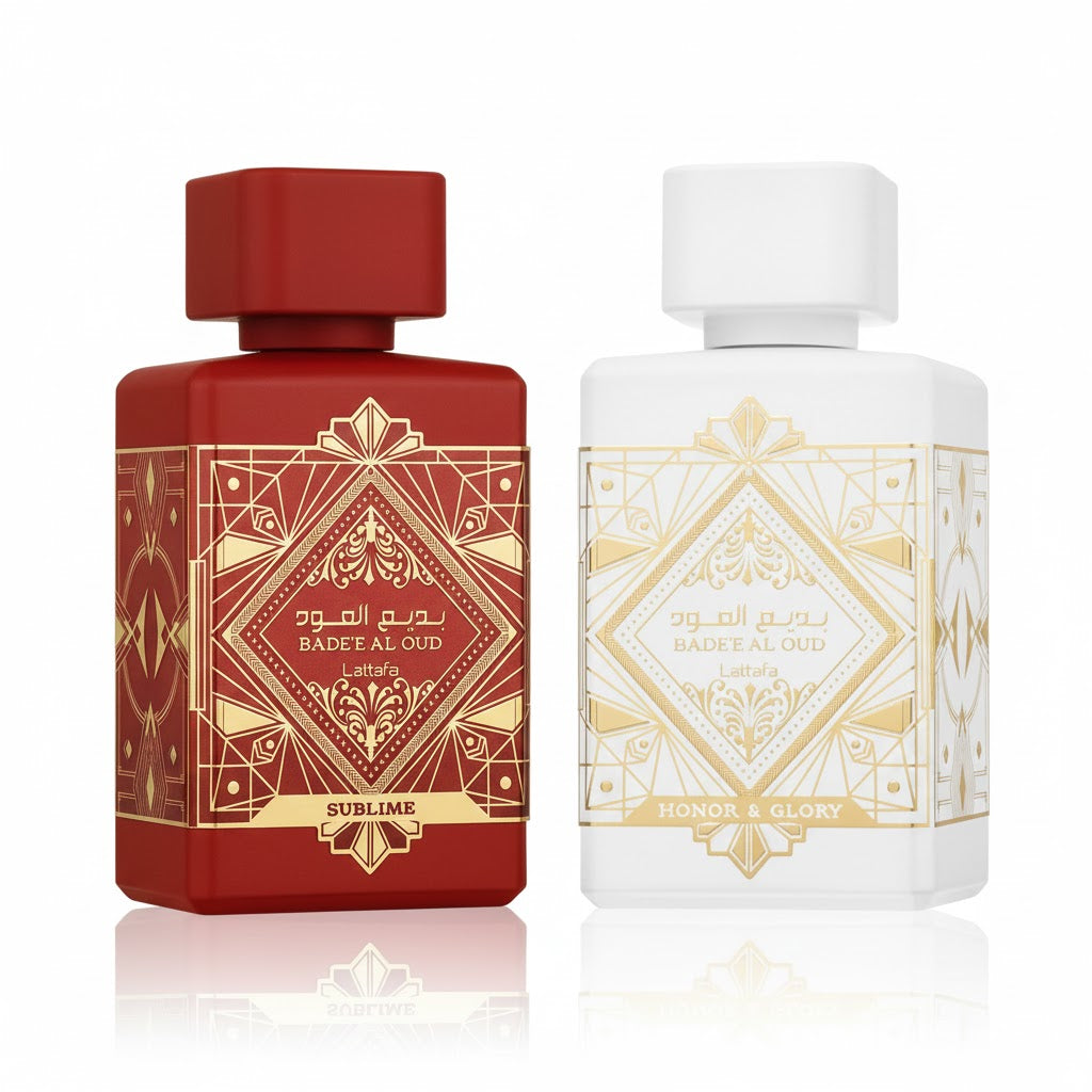 Bade’e Al Oud His & Hers Bundle – two full-size Lattafa oud perfumes featuring Sublime and Honor & Glory for couples and elegant night wear.