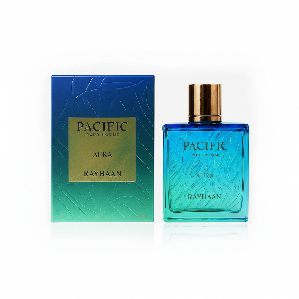 Perfume bottle and packaging of Pacific Pour Homme Aura Rayhaan on a white background