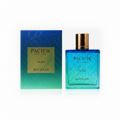 Perfume bottle and packaging of Pacific Pour Homme Aura Rayhaan on a white background