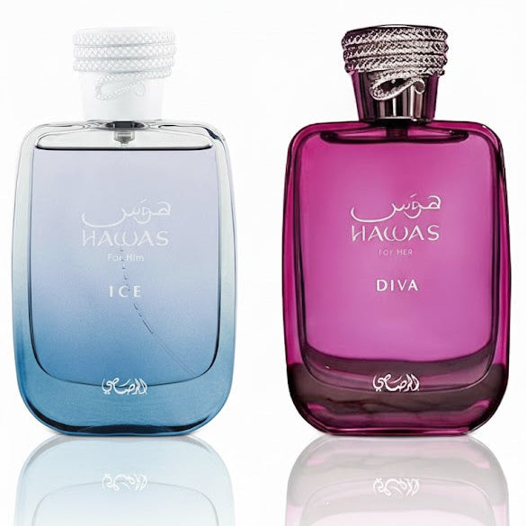Rasasi Hawas His & Hers Bundle – two full-size Rasasi perfumes featuring Hawas for Him and Hawas for Her Diva for a fresh couples fragrance set.