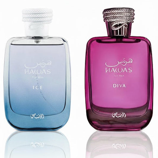 Rasasi Hawas His & Hers Bundle – two full-size Rasasi perfumes featuring Hawas for Him and Hawas for Her Diva for a fresh couples fragrance set.