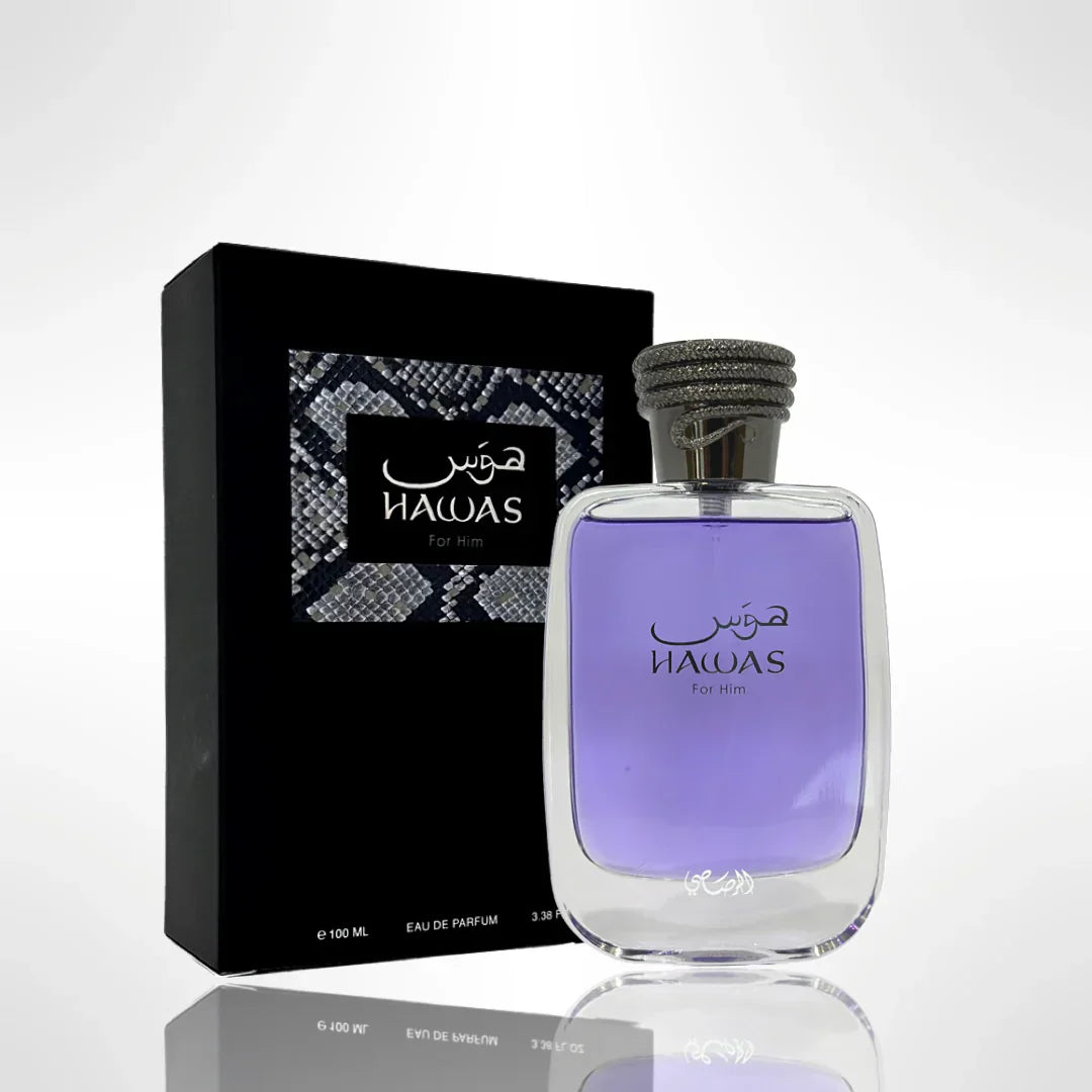 Rasasi Hawas for Him Eau de Parfum 100 ml bottle – fresh apple and citrus opening with aquatic heart and amber musk base.