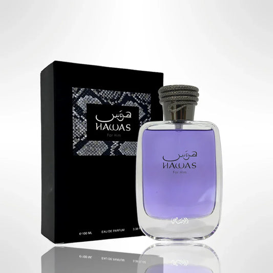 Rasasi Hawas for Him Eau de Parfum 100 ml bottle – fresh apple and citrus opening with aquatic heart and amber musk base.