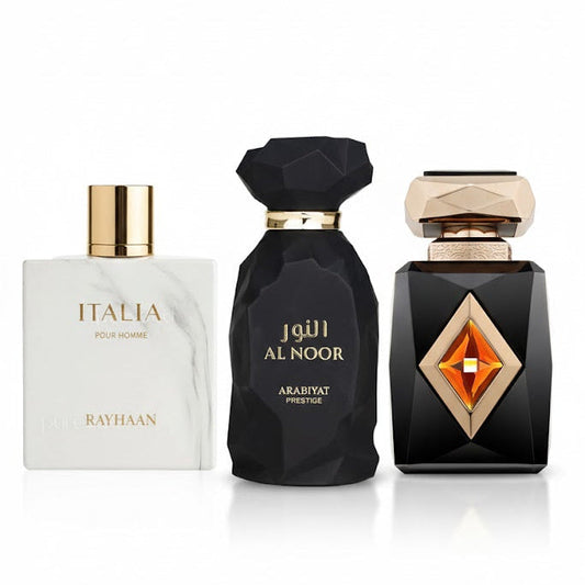 Smell Rich Bestsellers Bundle – three full-size luxury perfumes featuring Italia, Amber Saffron, and Al Noor for an elegant, expensive-smelling fragrance set.