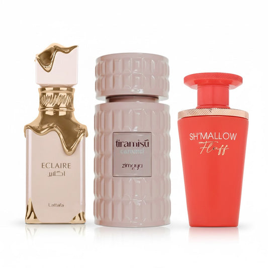 Sweet & Gourmand Bundle – three full-size dessert-inspired perfumes featuring Éclaire, Tiramisu Caramel, and Sh’Mallow Fluff.