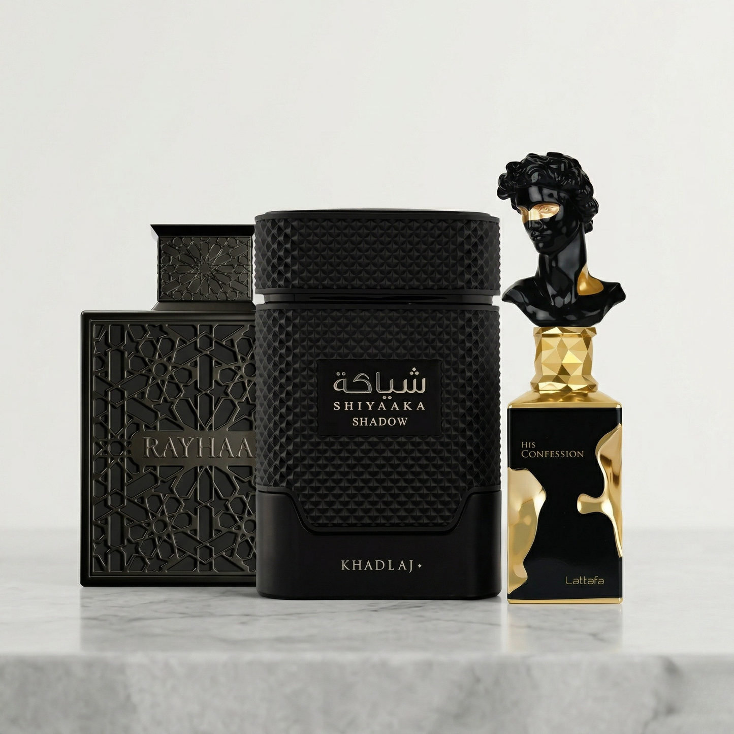 Rayhaan Obsidian, Shiyaaka Shadow, and Lattafa His Confession perfume bundle – fresh citrus woody musky fragrance trio for men