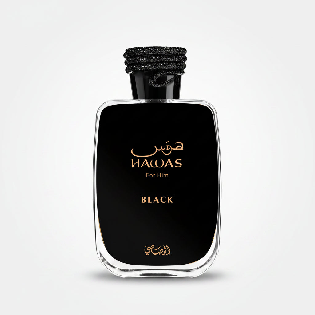 Perfume bottle labeled 'Hawas Black' on a white background