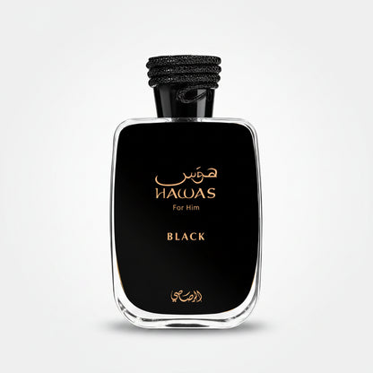 Perfume bottle labeled 'Hawas Black' on a white background