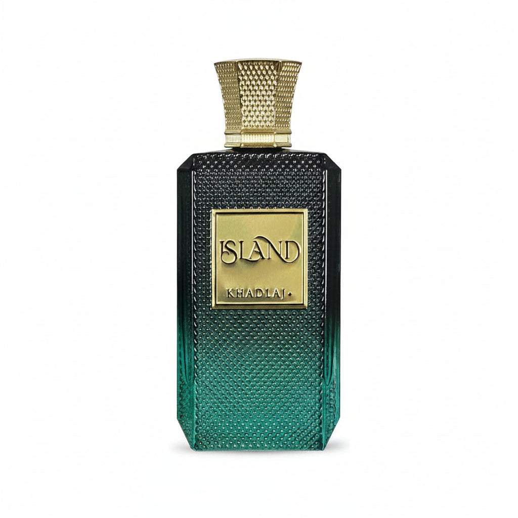 Perfume bottle with gold cap and 'Island' branding on a white background