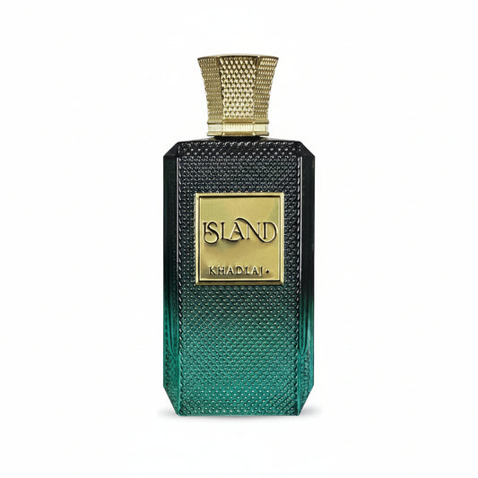 Perfume bottle with gold cap and 'Island' branding on a white background