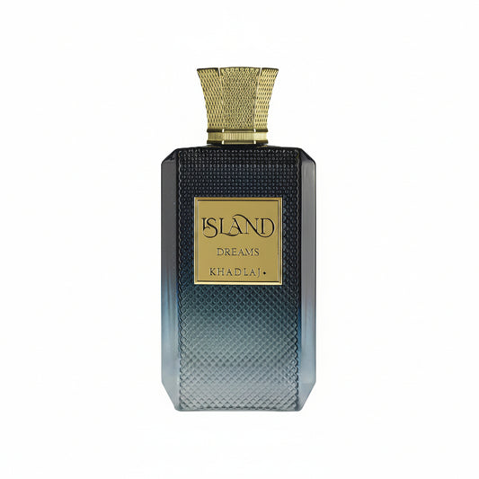Perfume bottle labeled 'Island Dreams Khadlaj' with gold cap on a white background