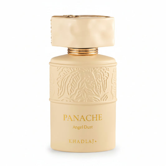 Beige perfume bottle with 'Panache' and 'Khadlaj' branding on a white background