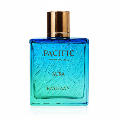 Blue perfume bottle with gold cap labeled 'Pacific Pour Homme Aura Rayhaan' on a white background
