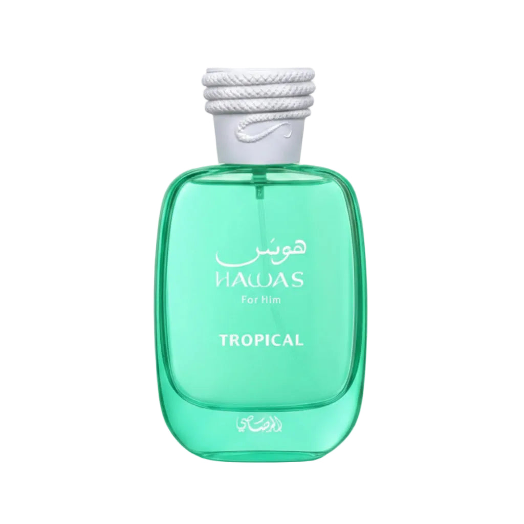 Green perfume bottle with white cap labeled 'Hawas Tropical' on a white background