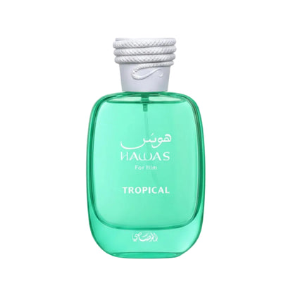 Green perfume bottle with white cap labeled 'Hawas Tropical' on a white background